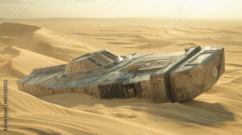 The remains of a crashed spaceship lie scattered on the windswept dunes under a pale sky, evoking an eerie sense of abandonment.