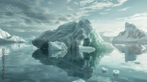 A majestic iceberg floats peacefully amidst serene, reflective waters under a sky painted with soft clouds, creating a tranquil scene in the polar region.