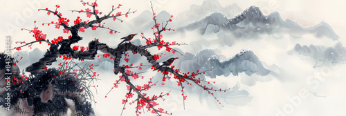 Panoramic painting of flowering branches and mountains - A panoramic ink-style painting of blooming red flowers on bristling branches over misty mountains