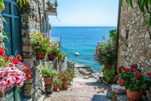 Beautiful Italian seaside town with vibrant flowers and stunning sea view on a sunny day - Generative ai