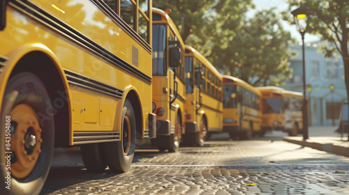 Yellow school buses lined up on a sunny day, creating a scene that symbolizes education, routine, and the daily school commute.