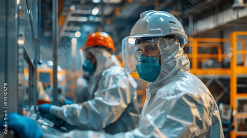 Workers in a factory wearing full protective gear, helmets, gloves, and safety goggles, operating industrial machinery, organized workspace with clear safety markings, atmosphere of vigilance and