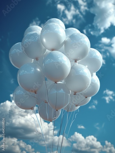 An illustration of an amount of white gas balloons that are not tethered and floating in the air, surrounded by some magnificent scenery and clouds.