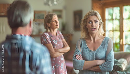 Woman ignoring her husband and mother-in-law standing behind and arguing with her at home