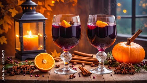 Mulled wine hot drink in glasses, with spices, cinnamon, orange< pomegranate. Autumn Halloween time, pumpkin, candle light, home space.