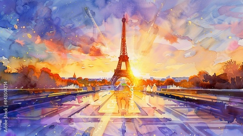 A watercolor painting capturing the sunrise with sunbeams illuminating the Eiffel Tower, perfectly aligned with the Trocadero fountain in Paris, France.
