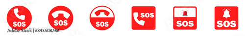 Collection of SOS Emergency phone dialing icons set. Contains emergency alarm, SOS help call signs vector illustration.