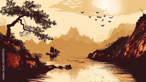 A vector illustration of a Chinese landscape, designed in the traditional style of ancient Chinese paintings.