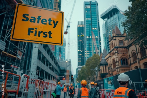 A Safety First sign stands prominently in a bustling city construction site, with workers in orange vests walking through the area.