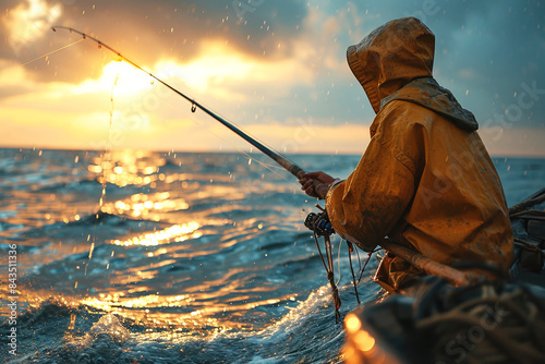 A fisherman at sunset uses a spinning rod to catch fish in a stormy river or lake.