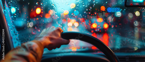 A driver's hand firmly grasps the wheel navigating through rain-drenched city streets, the windshield shimmering with raindrops and colorful reflections of urban lights.