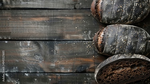 Freshly baked black bread on a wooden background in a rustic style. Snacks or lunch in a rustic style.