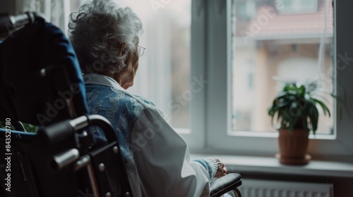 Old woman in wheelchair, window with nurse, nursing home, and healthcare, rehabilitation, or relaxation support. Old woman, caretaker, disabled, elderly, or sitting in Florida