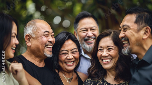 A group of five friends, mostly senior citizens, smile and laugh together in an outdoor setting. They look happy and relaxed, enjoying each others company