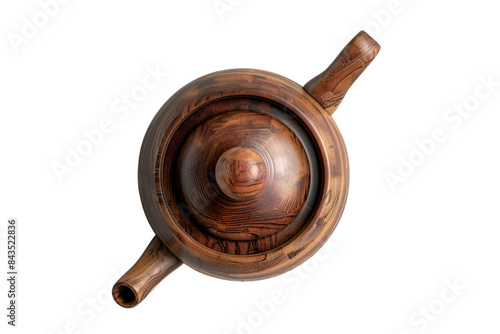 Top view of a wooden teapot with a lid and spouts, showcasing intricate wood grain patterns. Isolated on a transparent background.