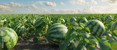 A lush watermelon field stretches into the distance under a bright blue sky, with rows of ripe watermelons nestled among their leafy vines.