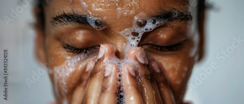 Close-up of a person washing their face, covered in foamy soap and water, capturing a moment of daily self-care.
