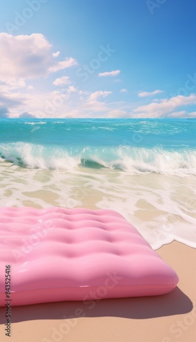 A glossy pink inflatable lilo stands out against the white sands and vibrant blue surf of an idyllic beach scene, signaling holiday fun