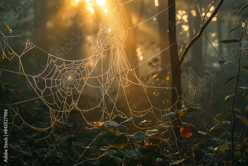 the enchanted forest at dawn, with morning dew glistening on the leaves
