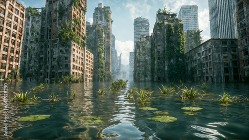 Flooded city, post-apocalyptic cityscape with abandoned, partially submerged skyscrapers and other buildings, due to climate change associated with global warming.