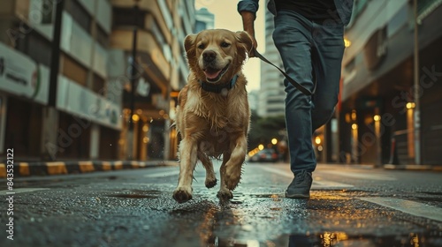a labrador retriever running in streets with man