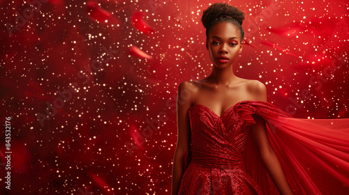 Elegant black woman in glamorous red evening gown with starry background