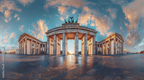 Panoramic view of the historic Brandenburg Gate at sunset in Berlin, Germany
