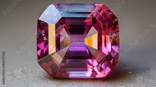 Grown Emerald cut octo rubellite stone front like diamond, some orange facets, saturate colors, no inclusions, perfect round, shiny and sparkling,