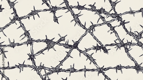 Seamless pattern of hand-drawn barbed wire in various twists and turns, emphasizing a gritty and industrial theme