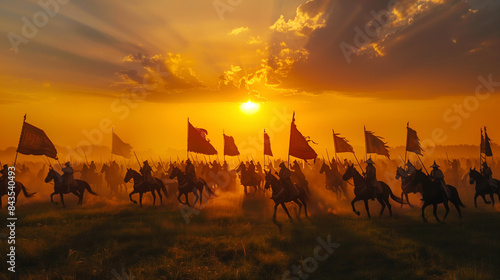 Silhouetted horsemen with flags at sunset.