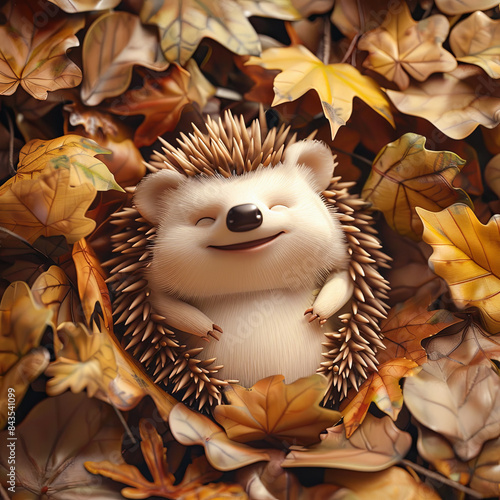 Cute hedgehog in the autumn leaves. 3d illustration.