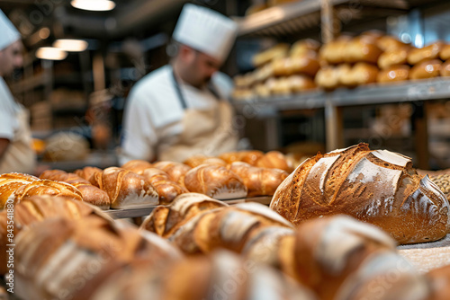 Close up of fresh loaves of bread in industrial bakery with baker in kitchen