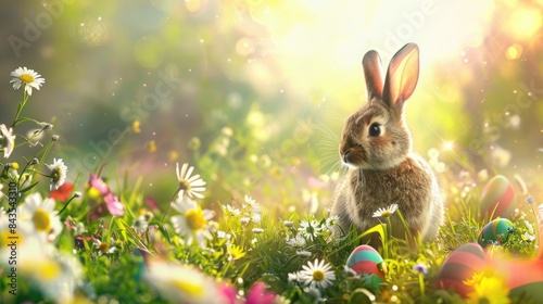 Easter bunny with colorful eggs in green meadow.