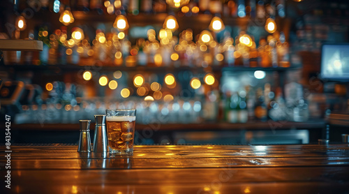 Dark bar with barman essentials set against a blurred background. Generative AI.