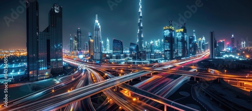 Dubai at night with light trails.