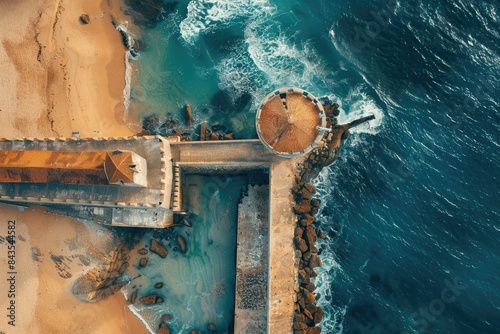 Aerial view of lighthouse and breakwater in the sea, portuguese architecture, aerial drone photography, high resolution