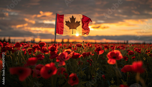 Canadian national flag in a field of poppies to honor veterans and service members on Remembrance Day.