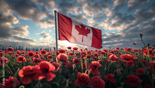 Canadian flag in a field of poppies to honor veterans and service members on Remembrance Day.