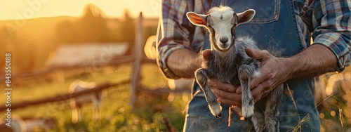 the farmer holds a small goat in his hands. Selective focus