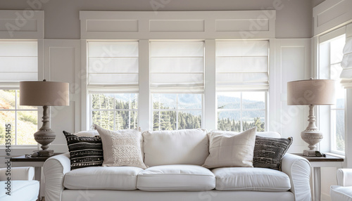 White Roman blinds on the windows in the living room.