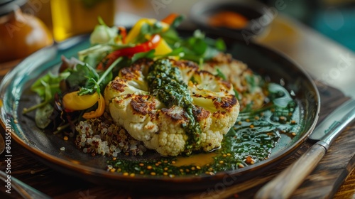 A stunning gourmet vegan dish with roasted cauliflower steak, chimichurri sauce, and quinoa salad, rustic wooden table, natural light from the side, fresh and vibrant feeling, professional food