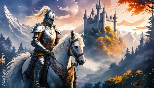 knight riding horse at sunset