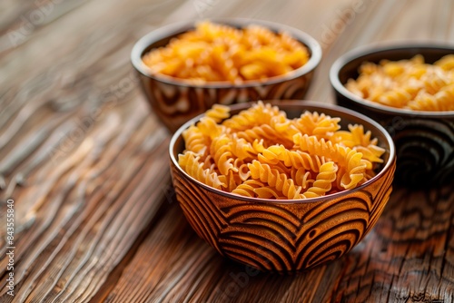 Uncooked pasta in terracotta bowls. Copy space. Side view