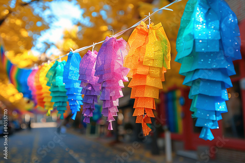 Rainbow decorations hanging on street during pride celebration