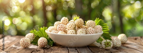 white strawberries in a white bowl on the table. Selective focus