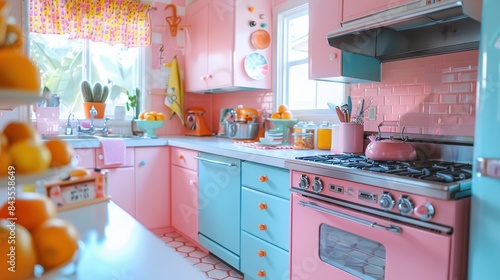 A colorful kitchen with a pink stove and blue cabinets