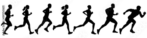 Silhouettes of running people. Marathon concept. Side view. Vector illustration of running men and women