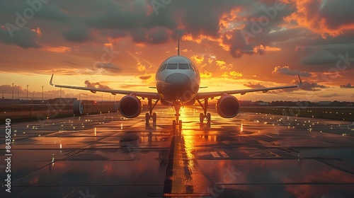 Airplane on Wet Runway at Sunset with Dramatic Sky