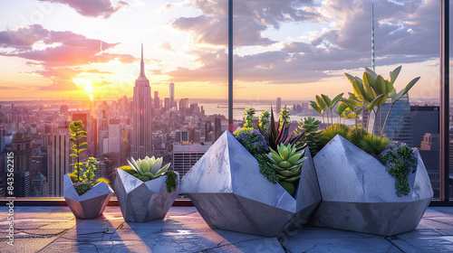 Flower pots with succulent plants on the rooftop with view of New York City skyline at sunset.