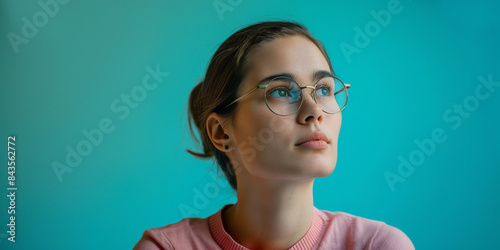 Serious woman portrait on electric blue background, a woman wearing glasses looking up 